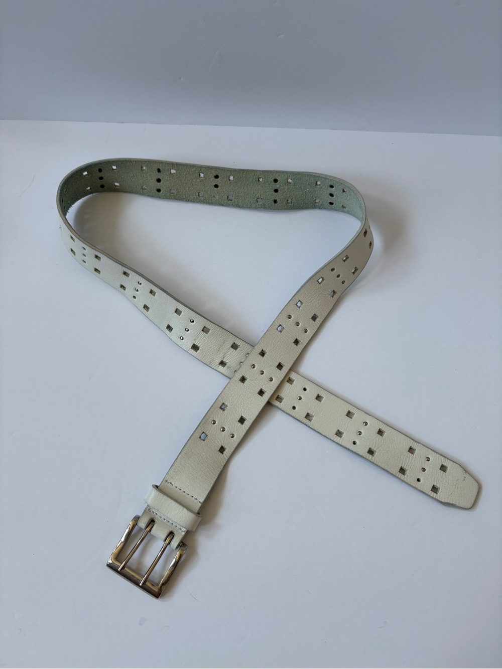 Women's Studded Ivory Boho‎ Belt Silver Frame Buckle S/M 42" Western Cowgirl Y2K